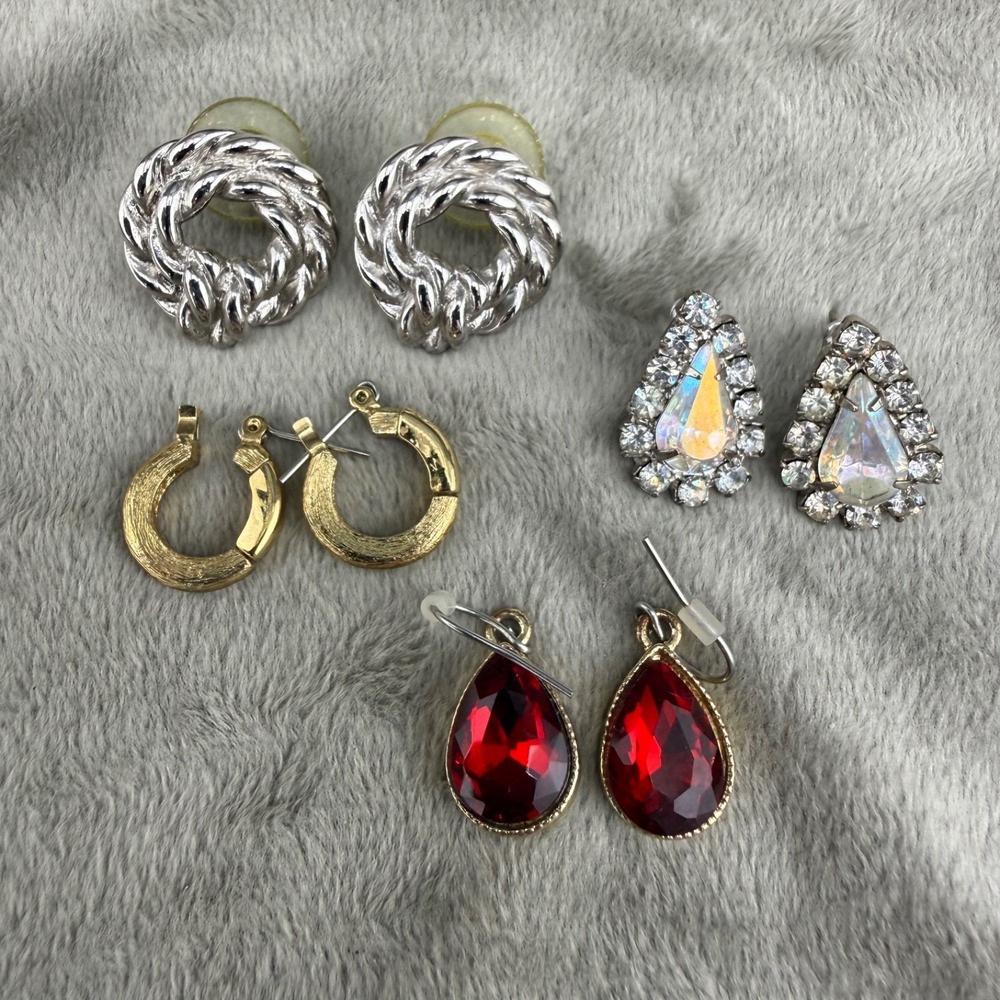 Estate Earrings Lot 4 Rhinestone Hoop Dangle Drop Silver Gold Tone Red AB Multi
